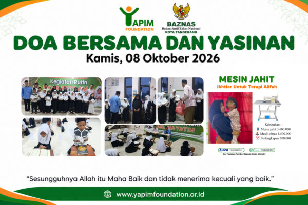 Banner doa bersama dan yasinan YAPIM Foundation serta ajakan donasi mesin jahit untuk terapi Alifah.