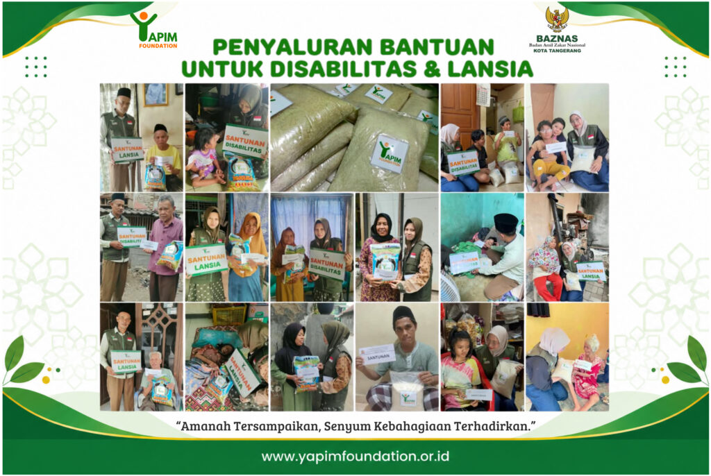 Penyaluran bantuan beras dan santunan kepada lansia dan penyandang disabilitas oleh YAPIM Foundation.